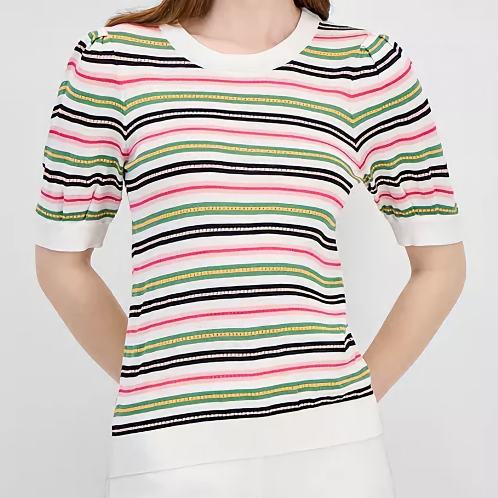 T Tahari Elbow Puff Short Sleeve Striped Crewneck Pink Green Sweater Womens XS